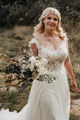 Ivory Tulle A-line Illusion Neck Wedding Dresses with Lace Appliques